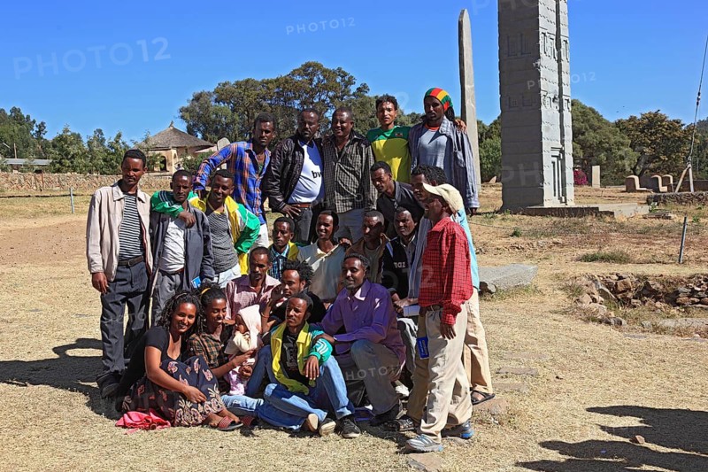 Tigray region, in the stele park of Axum, Aksum, group of local students, young people, Ethiopia, Africa