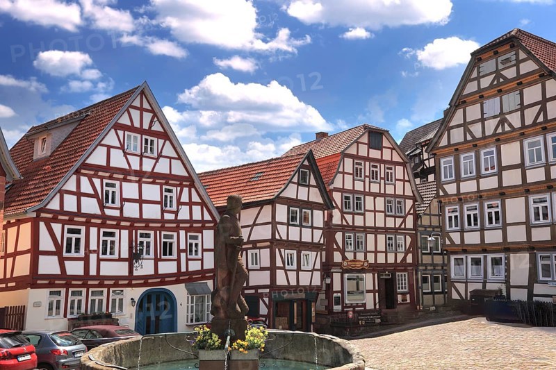 Half-timbered houses on the market square of Schlitz, a small town in the east of the Vogelsberg district in central Hesse, Hesse, Germany, Europe