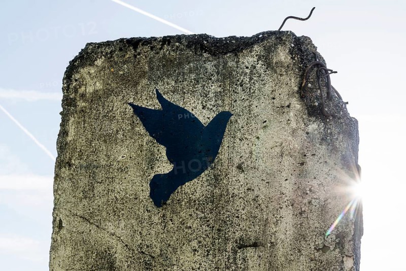 Monument, part of the Berlin Wall with dove of peace, Schengen, Canton of Remich, Luxembourg, Europe