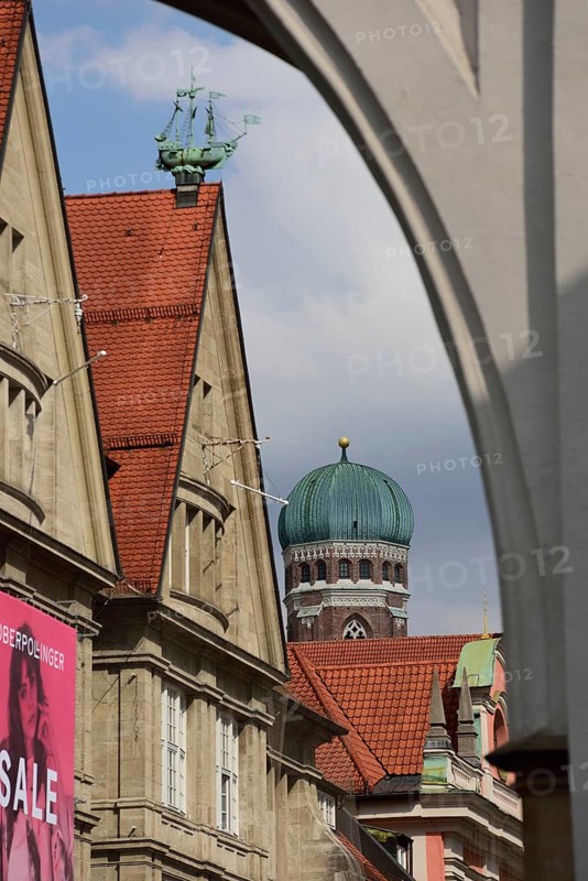 Europe, Germany, Bavaria, City of Munich, City Centre, Stachus-Karlsplatz, Karlstor, View into Neuhauser Straße, Tower of the Church of Our Lady, Europe
