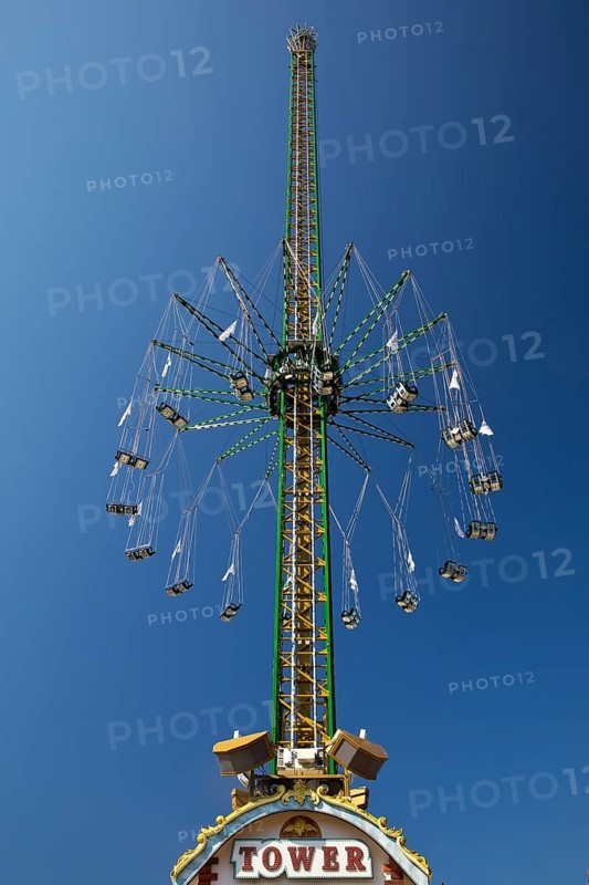 80 metre high giant chain flyer tower under a blue sky, Cranger Kirmes, Herne, Ruhr area, North Rhine-Westphalia, Germany, Europe