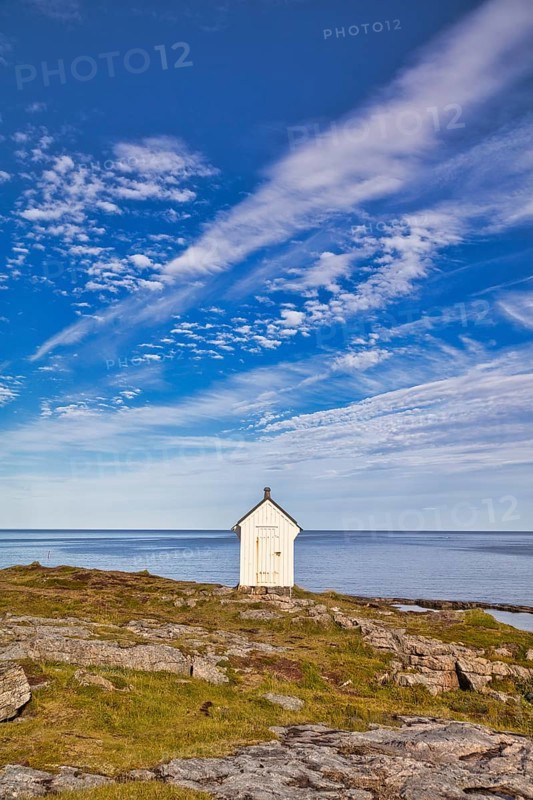 Small white hut on the island of Andoya, Vesterålen, Norway, Europe