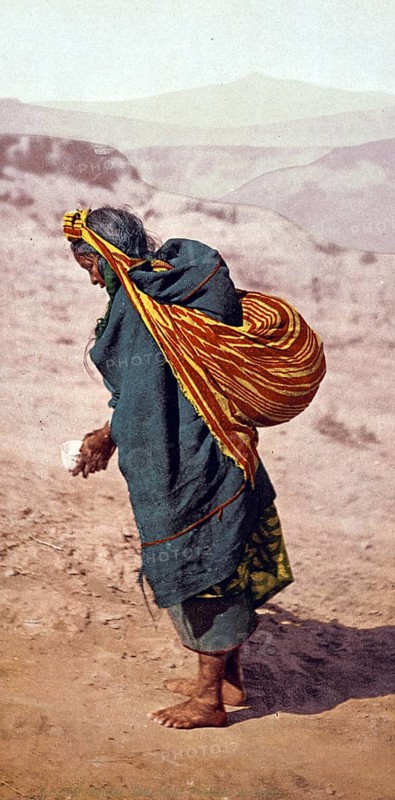 Patient labour, Moki Pueblos, Hopi Indian woman, Arizona, Historical, digitally restored reproduction from a 19th century original, Record date not stated