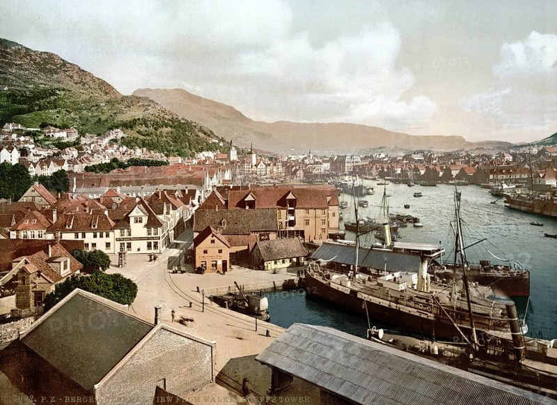 General view of Walkendorff's Tower, Bergen, Norway, View from 1885, Historical, digitally restored reproduction from a 19th century original, Record date not stated, Europe