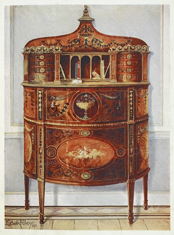 Furniture around the turn of the century 1900, Inlaid and painted satinwood writing-desk cabinet, ormolu mounted (1910, 1911) .jpg