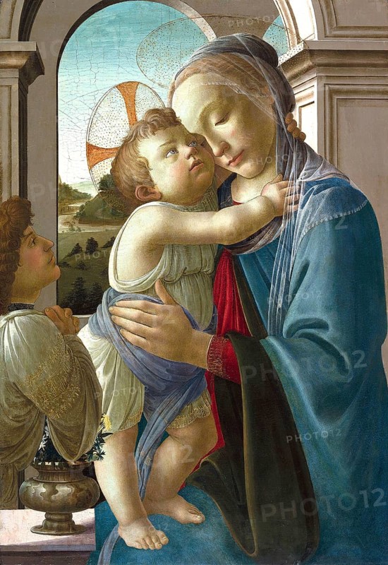 Virgin and Child with an Angel (1475), Virgin and Child with an Angel, Painting by Sandro Botticelli (1 March 1445, 1510), one of the most important Italian painters and draughtsmen of the early Renaissance, Historic, digitally restored reproduction from an original, Record date not stated