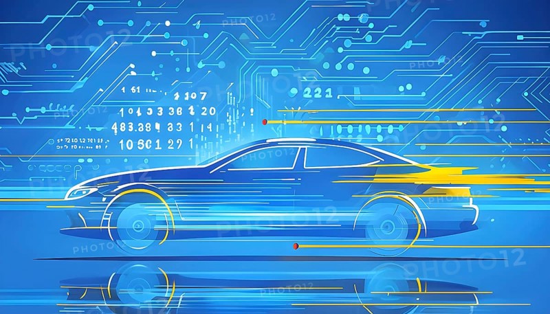Sport car silhouette with vibrant blue and yellow dynamic lines showing motion, surrounded by data streams, AI generated