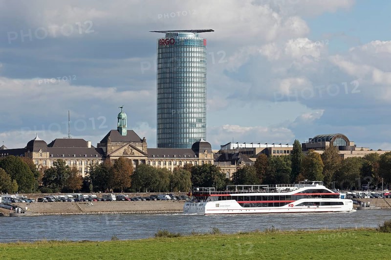 Event ship MS Rheingalaxie sails in front of ERGO tower block and district government, Düsseldorf, North Rhine-Westphalia, Germany, Europe