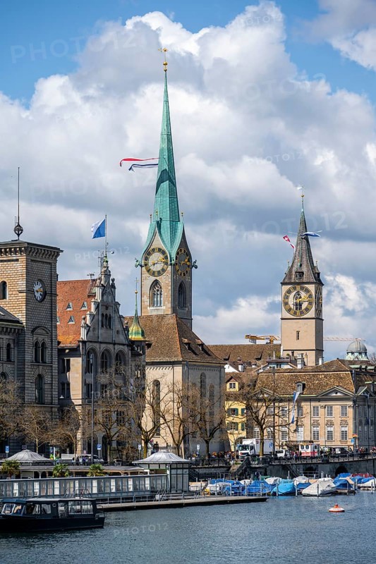 Zurich old town, view of the Limmat and churches, Switzerland, Europe