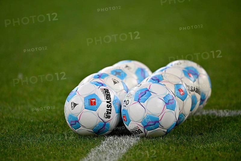 Adidas Derbystar match balls lying on the pitch, Allianz Arena, Munich, Bavaria, Germany, Europe
