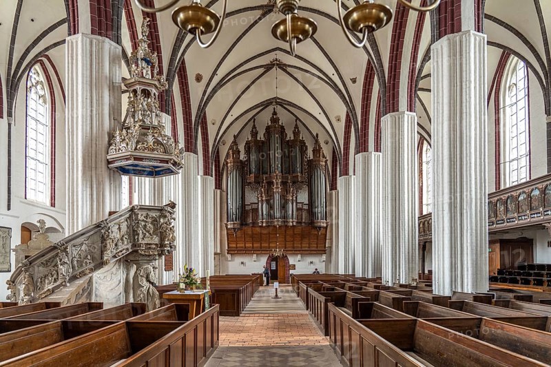 Organ by the Hamburg master organ builder Hans Scherer in the interior of St Stephan's Church in Tangermünde, Saxony-Anhalt, Germany, Europe
