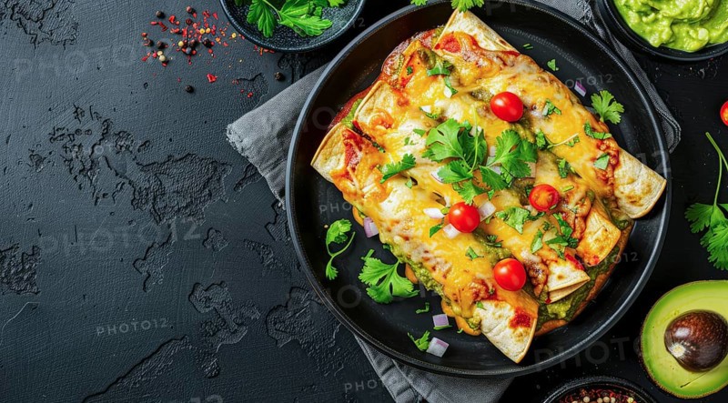 Plate of enchiladas with a side of salsa and guacamole. Wooden table with bowls of various sauces, AI generated