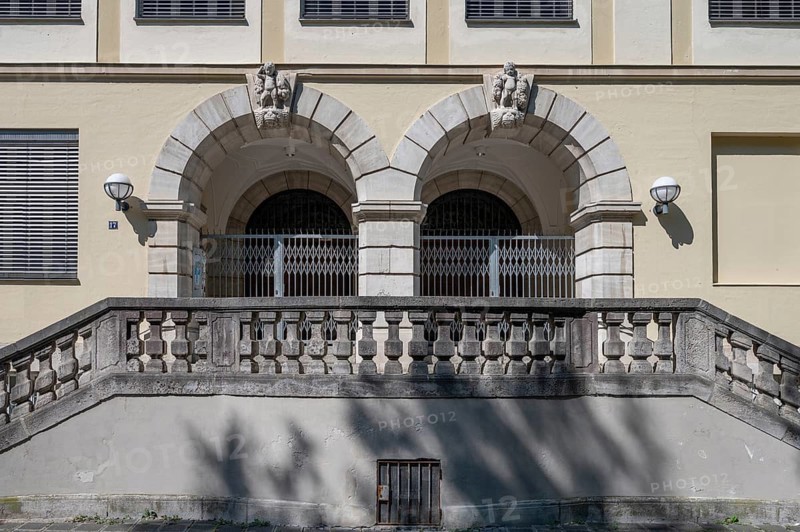 Main entrance with two archways of the Dürer-Gymnasiumm, built in 1833 under King Ludwig I, Sielstr. 17, Nuremberg, Middle Franconia, Bavaria, Germany, Europe