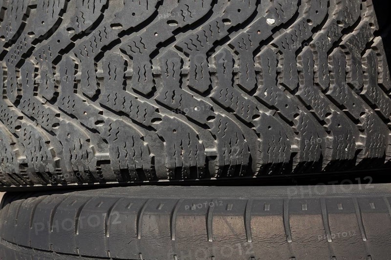 Close-up of threads on black rubber truck tires, Quebec, Canada, North America