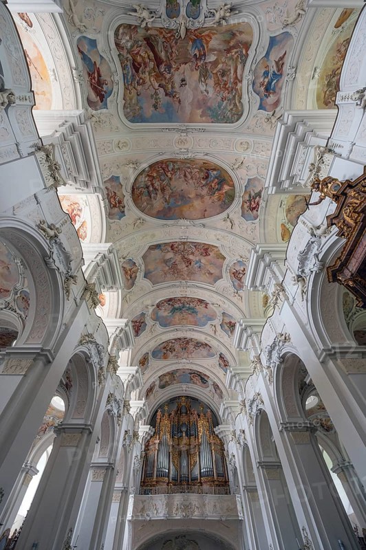 Baroque vault with organ loft of the Basilica of St Mauritius, Niederaltaich, Lower Bavaria, Germany, Europe