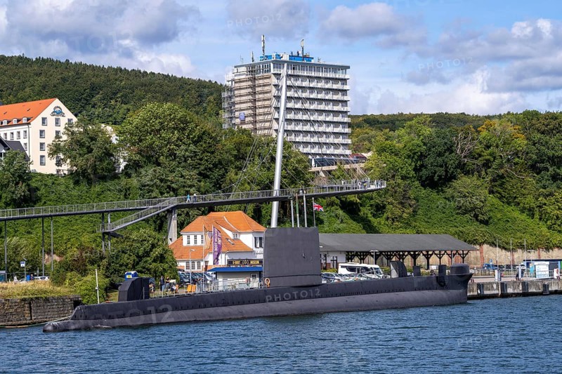 The city harbour of Sassnitz, island of Rügen, submarine museum, suspension bridge connects the old town with the harbour, Mecklenburg-Vorpommern, Germany, Europe
