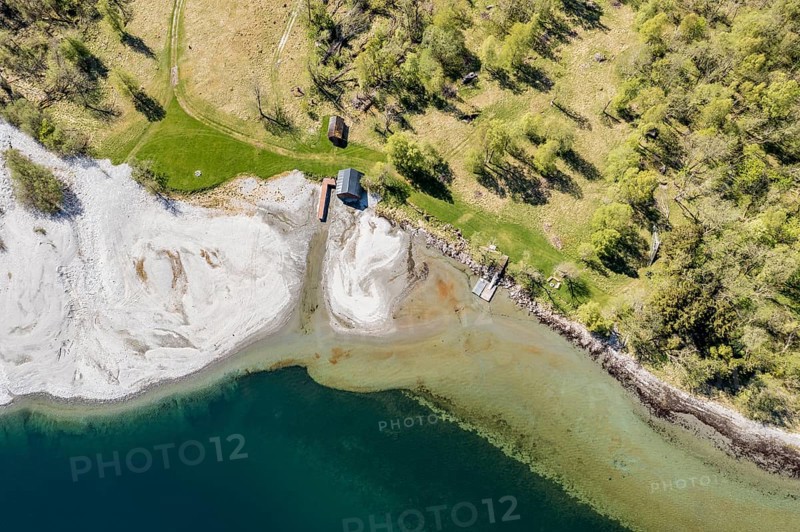 Aerial view of lake Lovatnet (or: Loenvatnet), sandy beach and birch forest, valley Lodalen south of village Loen, Norway, Europe