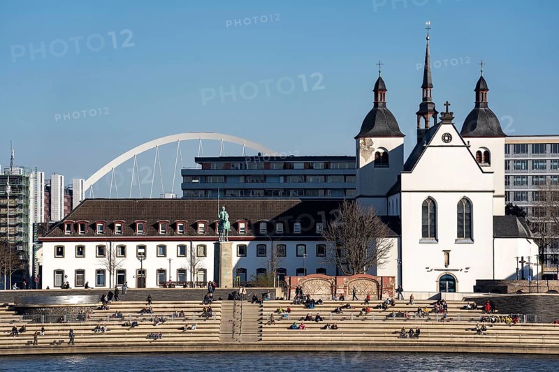Kennedyufer in Cologne Deutz, on the Rhine, Old St Heribert Church, arch of the Lanxess Arena, Cologne, North Rhine-Westphalia, Germany, Europe