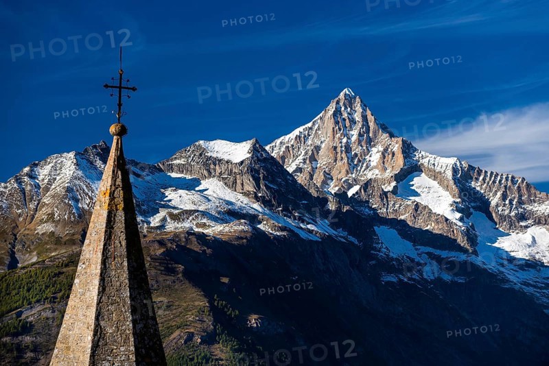 The Bietschhorn near Visperterminen, Swiss Alps, mountain, church, church tower, village, mountain landscape, alpine, idyll, hiking, climate, outdoor, tourism, travel, landscape, nature, snow, climate change, blue sky, Valais, Switzerland, Europe