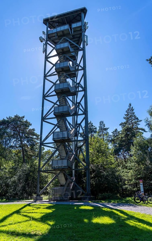Fire watch tower on the Rennberg, near Flaesheim, Haltern am See, in the Haard forest area, one of 3 fire watch towers in the region, manned from April to October in dry weather conditions, part of the fire monitoring system, North Rhine-Westphalia, Germany, Europe