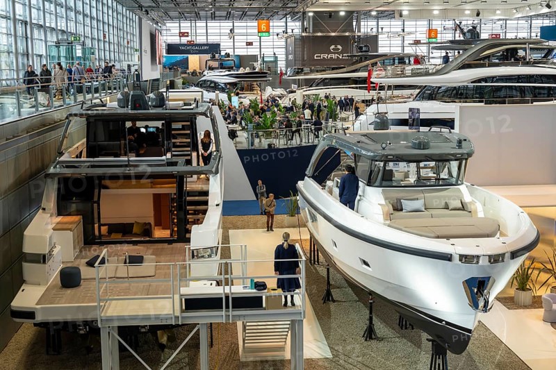 Large yachts, luxury yachts, in Hall 6 of BOOT 2024, the world's largest yacht and water sports trade fair in Düsseldorf, North Rhine-Westphalia, Germany, Europe
