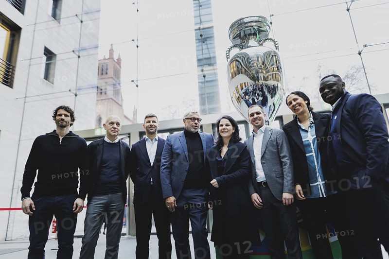 (L-R) Arne Friedrich, former professional footballer, Bernd Neuendorf, President of the DFB, Thomas Hitzelsberger, Jimmy Hartwig, Annalena Bärbock (Bündnis 90/Die Grünen), Federal Foreign Minister, Philipp Lahm, former professional footballer and European Championship ambassador, Steffi Jones, former professional footballer, and Gerald Asamoah. Professional footballer and European Championship ambassador, Steffi Jones, former professional footballer, and Gerald Asamoah, photographed at the kick-off event for the European Championship in Berlin, 1 February 2024 / Photographed on behalf of the Federal Foreign Office