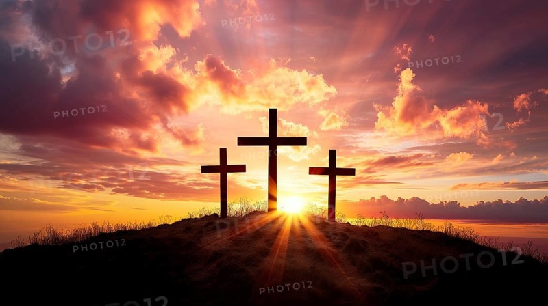 Easter concept three crosses on Golgotha Calvary hill against a dramatic sunset, AI generated
