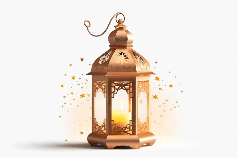 Golden Ramadan lantern on white background emits a warm glow, surrounded by sparkling stars, illustrating the holy month s magical nights, AI generated