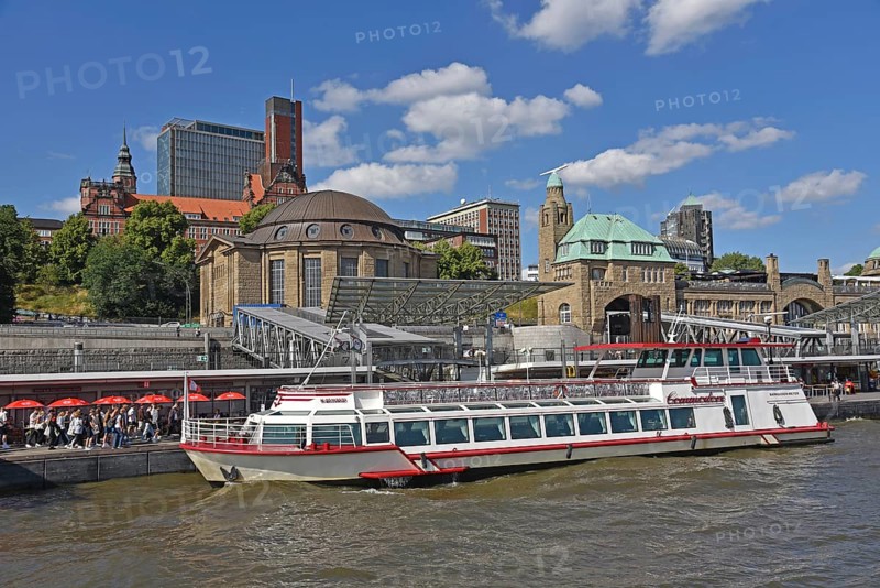 Europe, Germany, Hanseatic City of Hamburg, Harbour, Elbe, An den St. Pauli Landungsbrücken, Harbour tour, left dome of the Old Elbe Tunnel, Europe