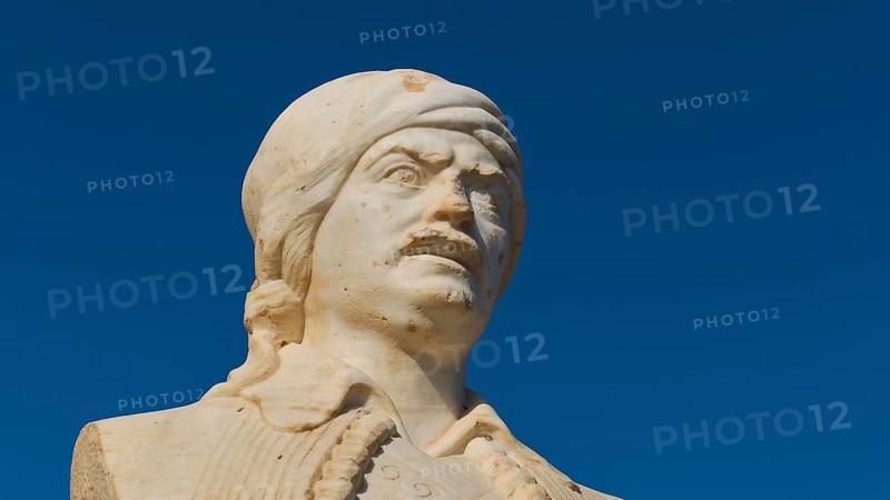 Marble bust, freedom fighter, partisan, soldier, Hatzimachalis Dalianis, Frangokastello, Venetian fortress, fortress castle, Sfakia, West Crete, south coast, island of Crete, Greece, Europe