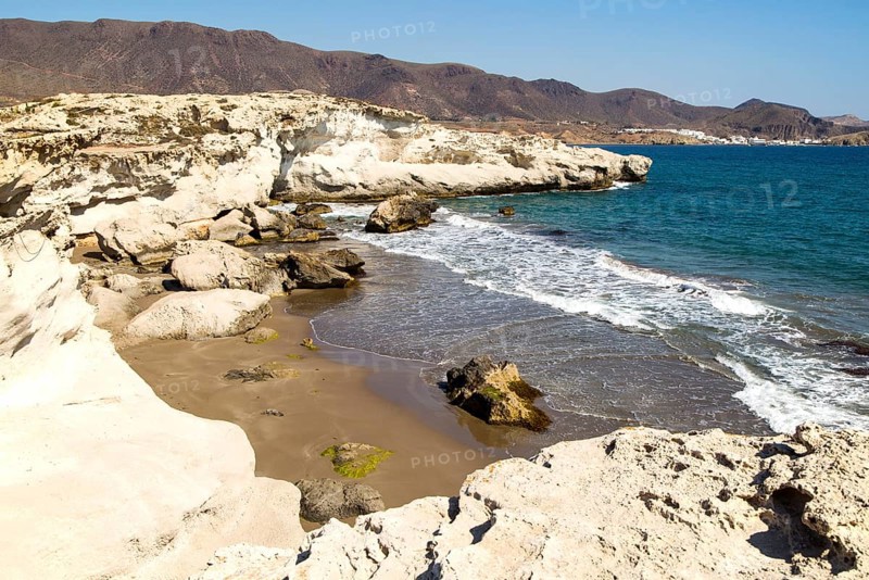 Fossilised sand dune rock structure, Los Escullos, Cabo de Gata natural park, Almeria, Spain, Europe