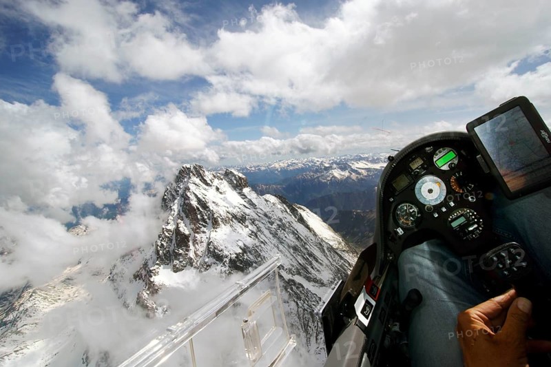 View from the cockpit of a glider on Monte Viso, Cottian Alps, mountain, three thousand metre, Maritime Alps, aerial view, instruments, aircraft, glider, ASH31Mi, border, Italy France