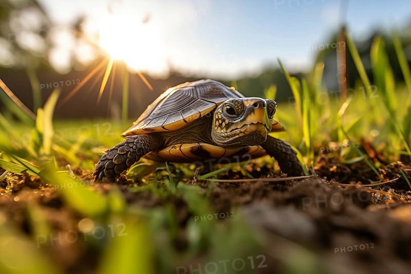 A cute little turtle crawls in grass, illuminated by the golden rays of the setting sun, AI generated