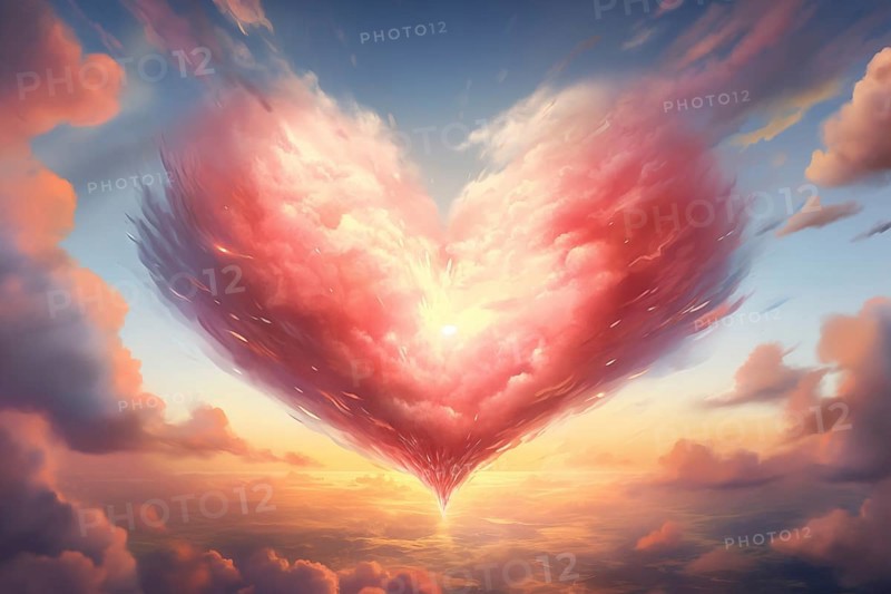 Painting of a heart-shaped cloud illuminated by the warm hues of sunset, floating above a serene sea of clouds. For love, romance, tenderness and Valentine day design, AI generated