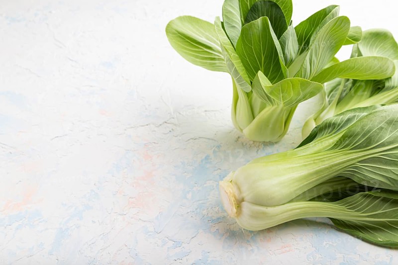 Fresh green bok choy or pac choi chinese cabbage on a white concrete background. Side view, copy space, close up