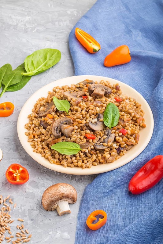 Spelt (dinkel wheat) porridge with vegetables and mushrooms on ceramic plate on a gray concrete background and blue linen textile. Side view, close up. Russian traditional cuisine