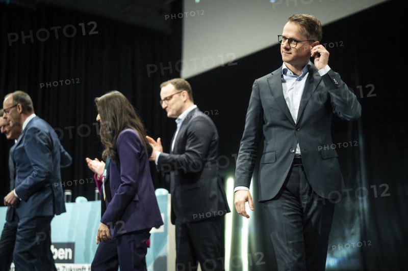 CDU Secretary General Carsten Linnemann attends the CDU policy convention in Cologne, 1 March 2024, with Friedrich Merz, Hendrik Wüst, Jens Spahn