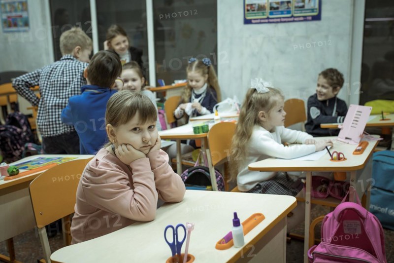 Pupils in a classroom in one of the metro schools in Kharkiv. Classrooms were set up in various metro stations in the city in order to keep classes running even during an air raid, Metro Universytet, Kharkiv, Ukraine, Europe