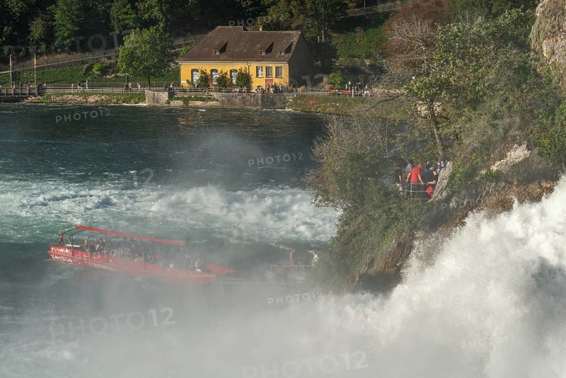 Rhine Falls seen from Schloss Laufen, tourist boat, rapids, spray, Canton Zurich, on Neuhausen, Switzerland, Europe