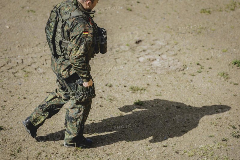 An army soldier, photographed as part of a Bundeswehr exercise with armed forces from Norway and the Czech Republic during the 'Wettiner Schwert' exercise as part of Quadriga 2024 in the training town of Schnöggersburg, 8 April 2024