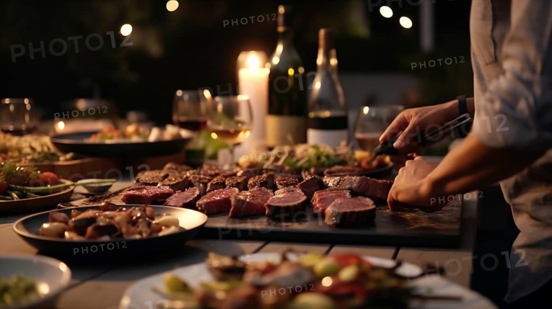 Chef cooking Japanese wagyu beef in a backyard BBQ setting, generatvie AI, AI generated