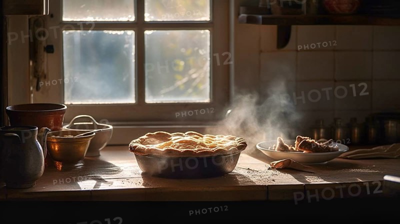Fresh homemade pie steaming on the counter as morning light fills the kitchen, generative AI, AI generated
