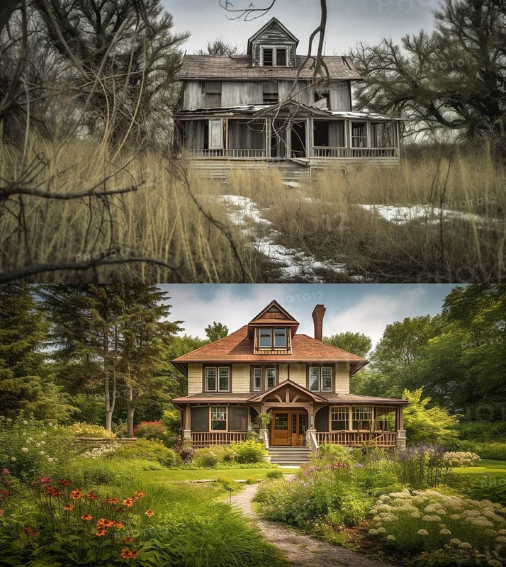 Run-down country house before and after renovation construction, generative AI, AI generated