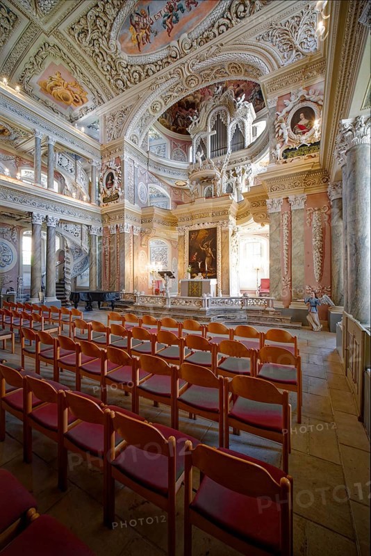 Chancel with the two-storey organ, baroque church, baroque castle church of St Trinitatis at Christiansburg Castle, interior view, Eisenberg, Saale-Holzland district, Thuringia, Germany, Europe