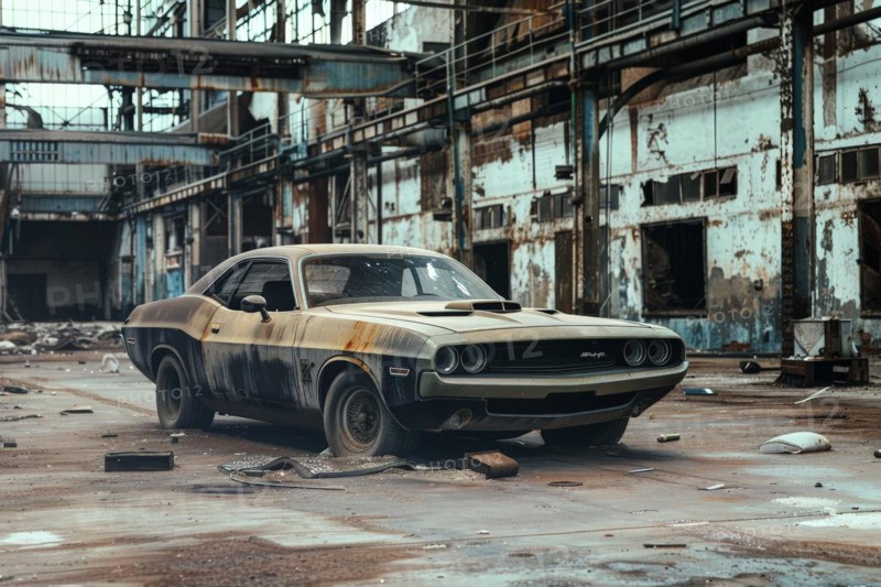 An old, weathered and dusty US-American classic car, wreck, of the type Dodge Challenger from the 70s stands in an old factory hall, symbolic image for restoration, repair, restoration of historical cultural assets, AI generated, AI generated, AI generated