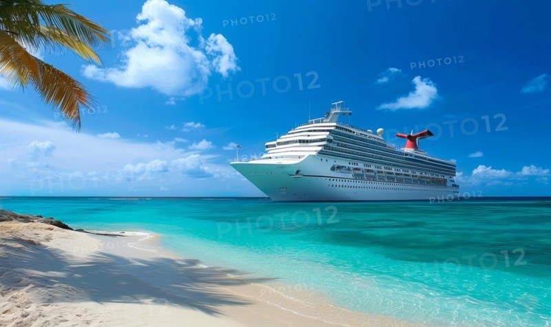 A large cruise ship is docked at the beach. The ship is white and is surrounded by a blue ocean. The scene is calm and peaceful, with the ship being the main focus of the image, AI generated