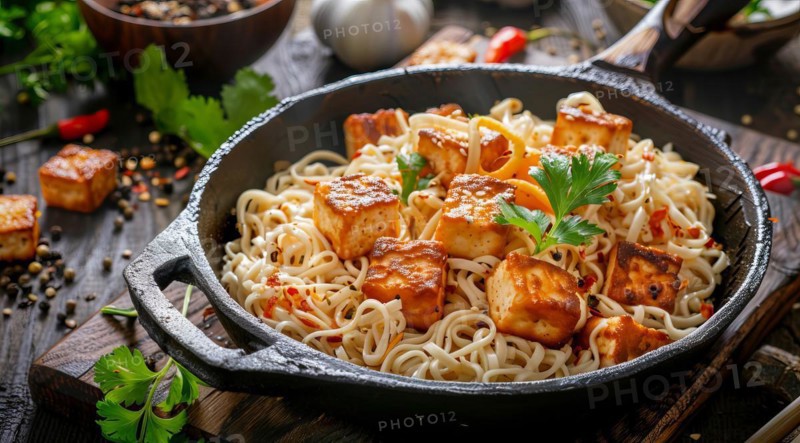 Healthy plate of tofu mixed with other foods to boost healthy diet, AI generated