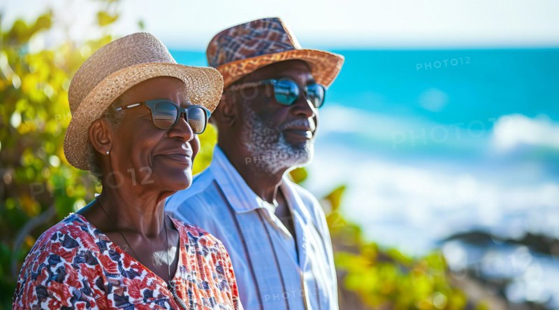 Healthy and happy active senior couple enjoying retirement close to a beach property, AI generated