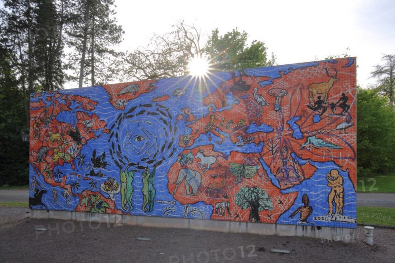 Sculpture Living Planet Square, World Map of Life, by Stefan Szczesny 2000, street art, wall mosaic, graffiti, North Africa, North America, Asia, map, water, sea, figures, flora, fauna, blue, backlight, Villeroy & Boch, Mettlach, Saarland, Germany, Europe