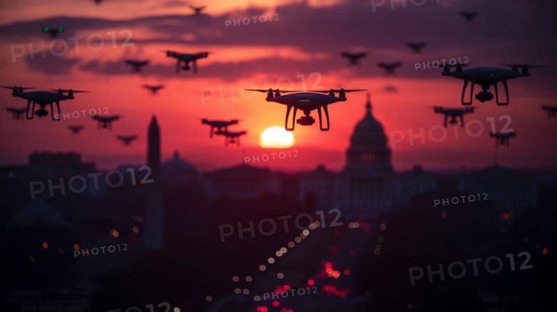 Swarm of UAV unmanned aircraft drones flying near the United States capitol at sunset, AI generated